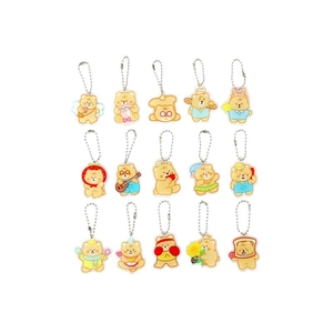 15-piece set of cartoon yellow bear acrylic keychains with silver ball chains on white background