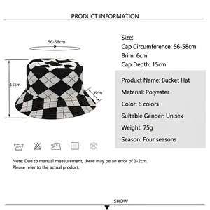 Unisex black and white checkerboard bucket hat with size chart for 56-58cm fit