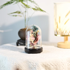 Close-up of preserved pink flowers in a light-up glass dome on a sleek black base