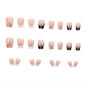 24-piece set of French square press-on nails with white tips, black lines, and rhinestones