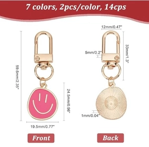 Detailed technical diagram showing dimensions of pink enamel smiley face keychain set