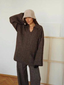 Women's chunky knit cable sweater and trouser set in brown with lapel collar