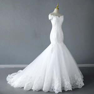 Elegant mermaid wedding dress with off-shoulder lace embroidery and long cathedral train