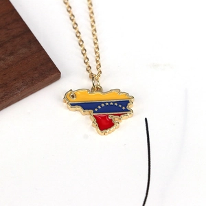 Venezuela map necklace with yellow blue red enamel and gold plated water wave chain