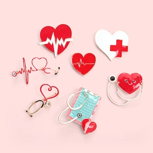 7pcs medical enamel pins set featuring heart shaped stethoscopes and red cross alloy badges
