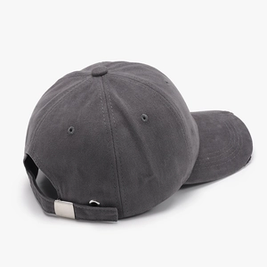 Unisex dark grey brushed cotton baseball cap with distressed brim and metal buckle strap