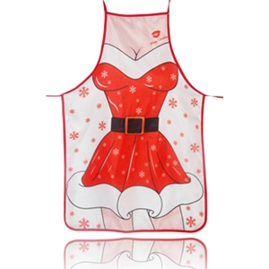Detailed view of creative Christmas apron with festive girl costume print and snowflakes