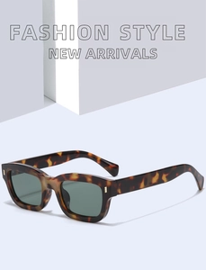 Détail de lunettes de soleil carrées rétro en écaille avec verres verts et rivets dorés