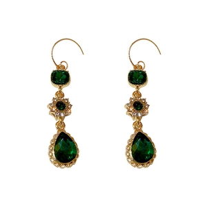 Elegant vintage gold drop earrings with emerald green crystals and teardrop pendants