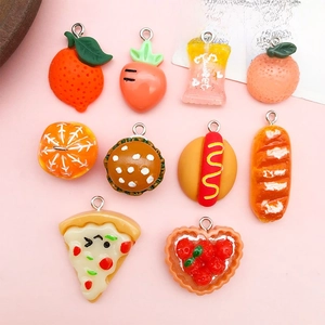 Assorted orange resin food pendants set featuring mini burgers and pizza charms
