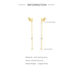 Infographic showing dimensions and S925 sterling silver specs for star tassel earrings