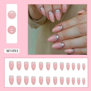 Elegant almond press-on nails in sheer pink with metallic silver French tips set W1093