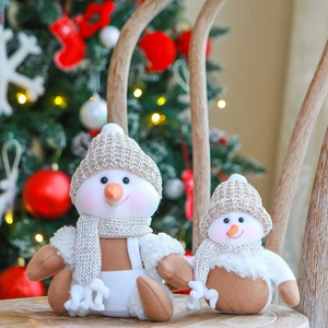 Plush Christmas snowman dolls in brown and white knit, set of two festive holiday decor