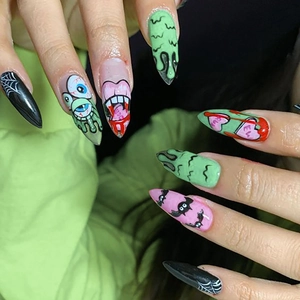 Halloween almond fake nails with black spider web, eyeball monster and bat graffiti designs