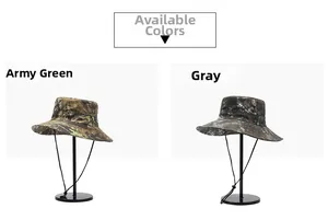 Detail view of camouflage sun hats in army green and gray with adjustable drawstrings