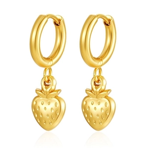 Detail of 18K gold-plated strawberry pendant earrings with textured surface and hoop