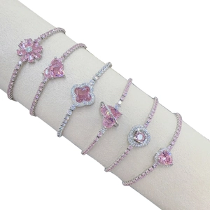 Pink heart and flower zircon bracelets set in silver finish with sparkly crystals