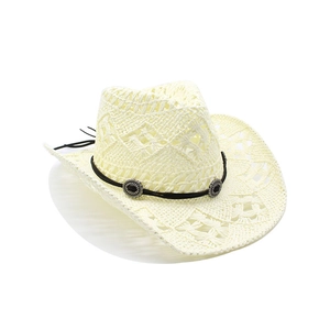 Close-up of hollow woven straw cowboy hat with vintage metal buckles and black rope band