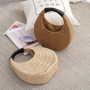 Retro Woven Straw Handbag For Women Half Moon Crescent Summer Beach Tote With PU Leather Handle Handmade