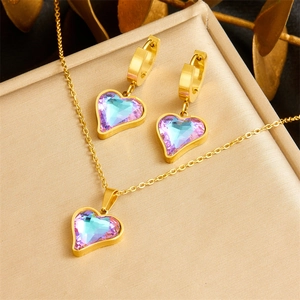 Parure Bijoux Pendentif Coeur Acier Inoxydable Strass Dégradé Coloré Collier Boucles D'oreilles Mode Pour Femmes