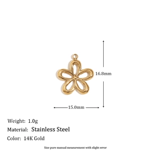 Macro shot of 14K gold-plated flower charm with dimensions 16.8mm and weight details