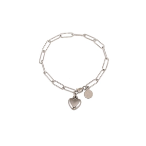 Detail of silver stainless steel chain bracelet with heart charm and round pendant tag