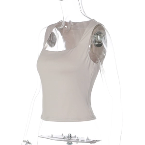 Side view of slim fit square neck crop top in beige fabric on transparent mannequin