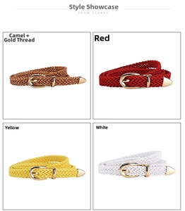 Detailed grid view of thin braided belts in camel gold, red, yellow, and white colors