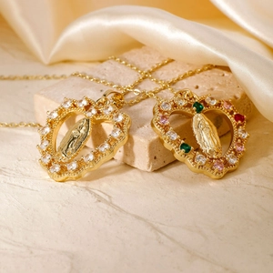 Exquisite gold heart Virgin Mary pendants with colorful sparkling cubic zirconia stones