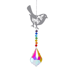 Silver metal bird suncatcher with colorful beads and large crystal teardrop prism pendant