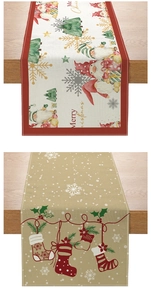 Detail of Christmas table runners featuring Santa Claus, reindeer, and festive socks patterns