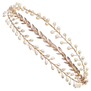 Golden baroque double-layer headband featuring white pearls and metallic leaf motifs