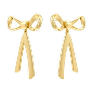 Elegant gold bow ribbon drop earrings with minimalist polished geometric metal design