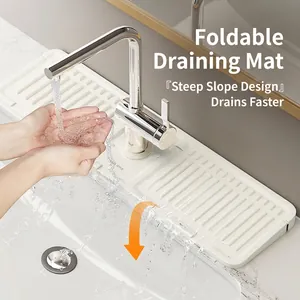 White silicone faucet drying mat with steep slope design for bathroom and kitchen sinks