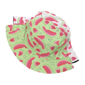 Double-sided bucket hat featuring reversible summer watermelon print in green and white