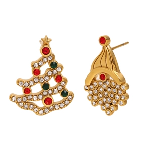 Festive 18K gold plated stainless steel Christmas tree and hat stud earrings with crystals