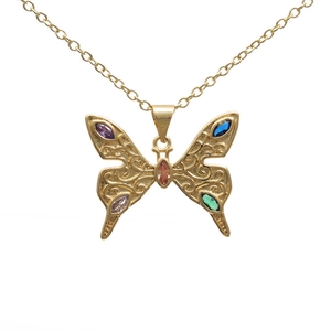 Gold butterfly necklace with colorful marquise gemstones on a clean white background