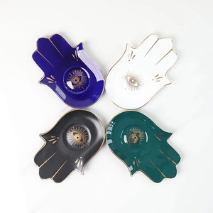 Vierer-Set Hamsa-Keramikschalen in Blau, Weiß, Schwarz und Grün mit edlem Goldrand Dekor
