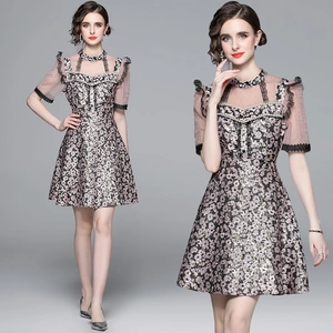 Vintage Floral Jacquard Mini Dress With Lace Patchwork Artificial Pearl Trim Stand Collar Short Sleeve A-Line Party Women Elegant