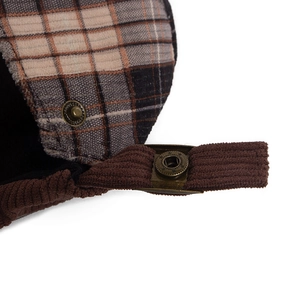 Retro plaid wool and brown corduroy newsboy cap with vintage bronze metal button