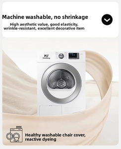 Detail of stretchable beige chair cover showing machine washable and anti-shrink features