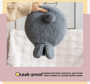 Leak-proof test of gray rabbit plush hot water bottle bag showing tight seal