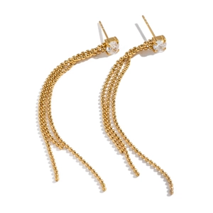 18K gold plated stainless steel tassel earrings with sparkling zircon studs on white background