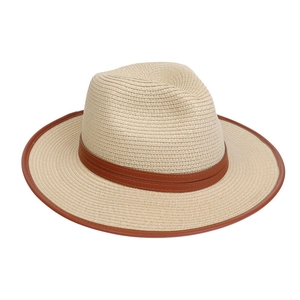 Close-up of the detailed woven straw texture and premium brown leather trim on a fedora hat