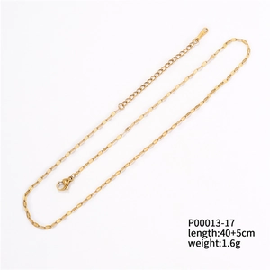 Detailed view of golden flat bead chain with lobster clasp and extension chain specs