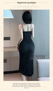 Rear view of a tight black backless dress showing slim fit and floor-length hemline