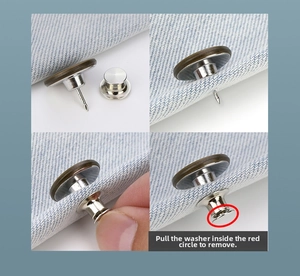 Close-up of magnetic curtain buckle installation steps on denim fabric surface