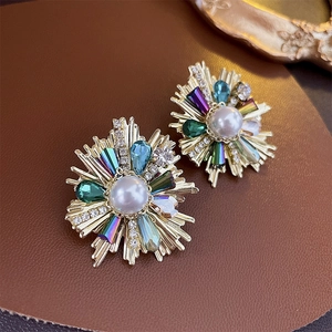 Retro Copper Flower Stud Earrings With Multi Color Crystal Artificial Pearl And 925 Sterling Silver Earring Post For Women