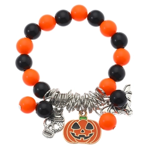 Pulsera de cuentas de Halloween naranja y negra con dijes de calabaza y calavera de metal