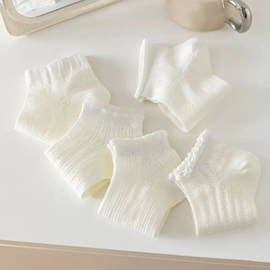 Set of five white lace ankle socks with ribbon bows and breathable mesh cotton texture